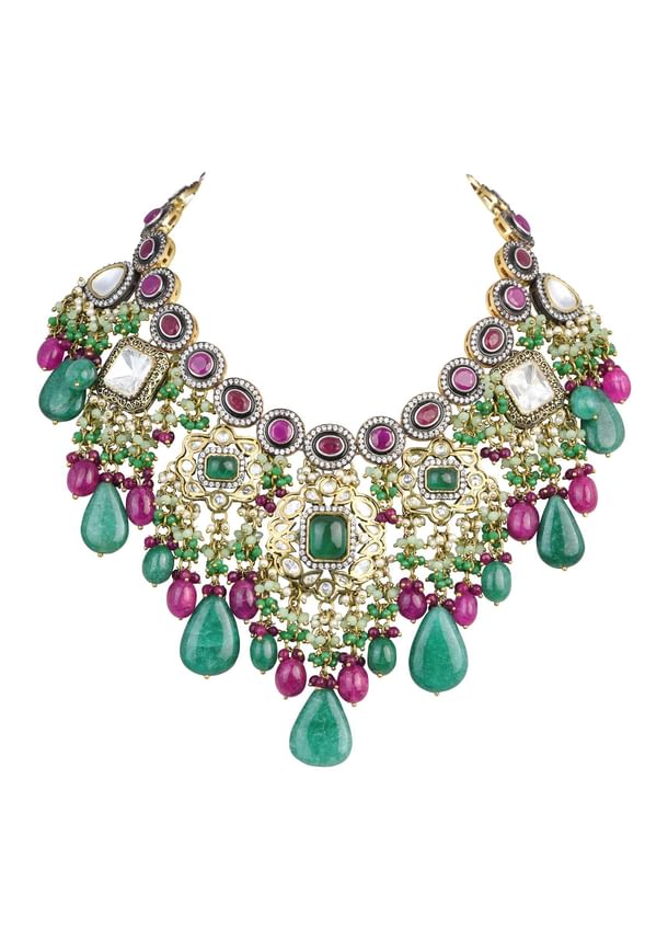 Two Tone Finish Kundan Necklace Set With Meenakari And Green Stone Drops Two Tone Finish Kundan Necklace Set With Meenakari And Green Stone Drops