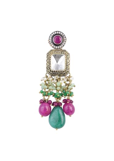 Two Tone Finish Kundan Necklace Set With Meenakari And Green Stone Drops