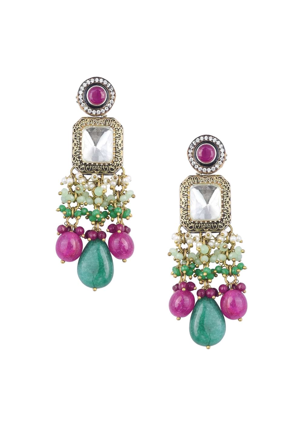 Two Tone Finish Kundan Necklace Set With Meenakari And Green Stone Drops