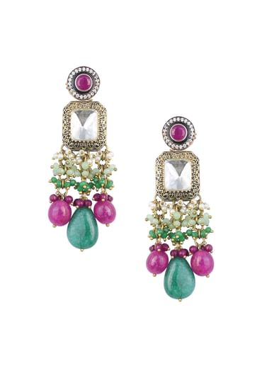 Two Tone Finish Kundan Necklace Set With Meenakari And Green Stone Drops