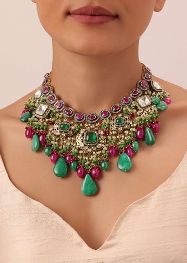 Two Tone Finish Kundan Necklace Set With Meenakari And Green Stone Drops