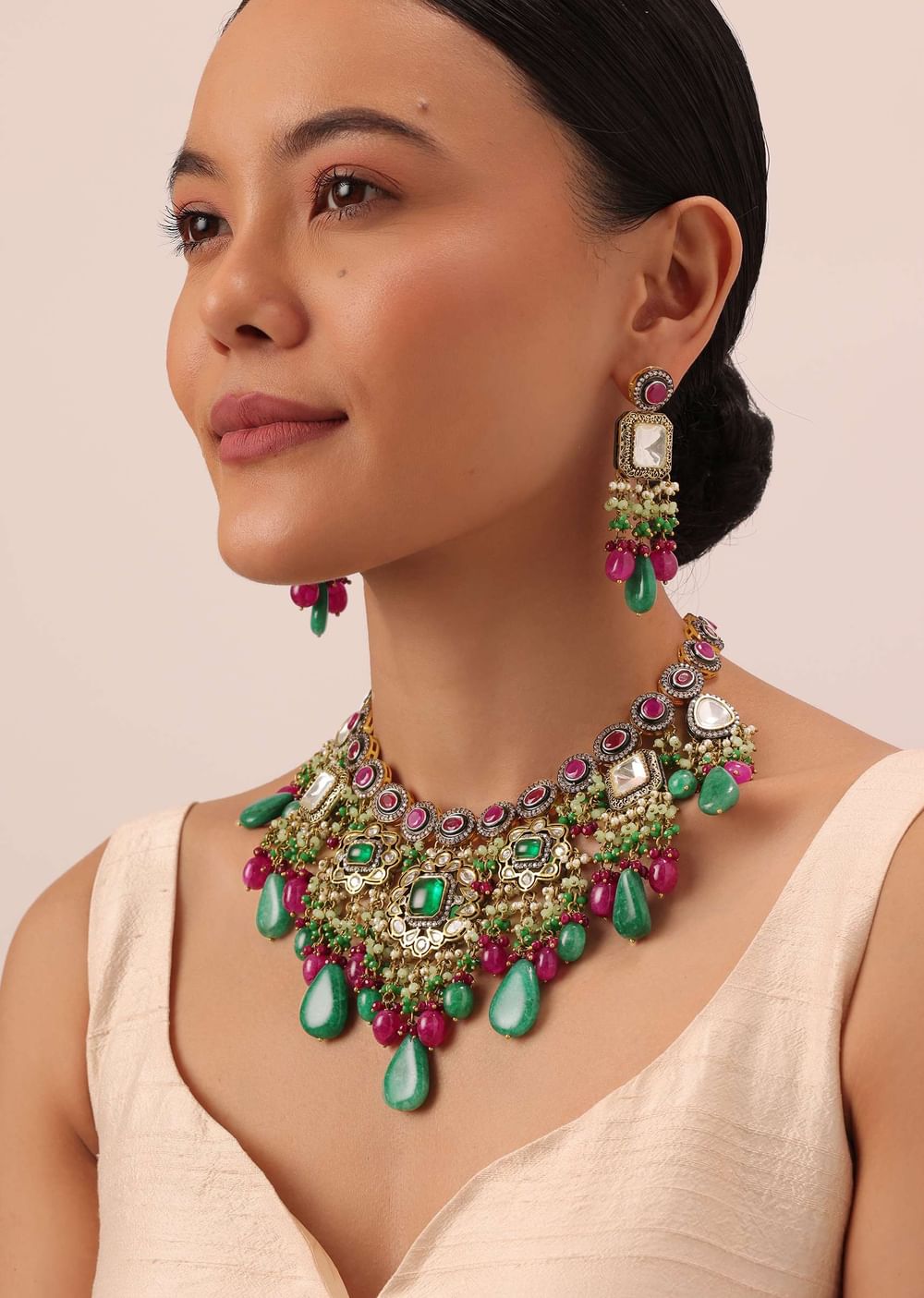 Two Tone Finish Kundan Necklace Set With Meenakari And Green Stone Drops