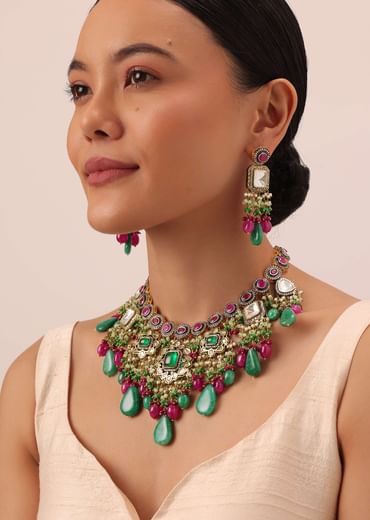 Two Tone Finish Kundan Necklace Set With Meenakari And Green Stone Drops