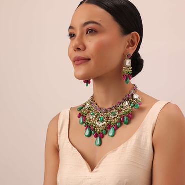 Two Tone Finish Kundan Necklace Set With Meenakari And Green Stone Drops