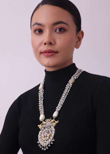 Two Tone Finish Oxidised Long Necklace And Earring Set