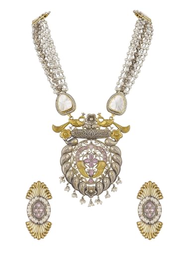 Two Tone Finish Oxidised Long Necklace And Earring Set