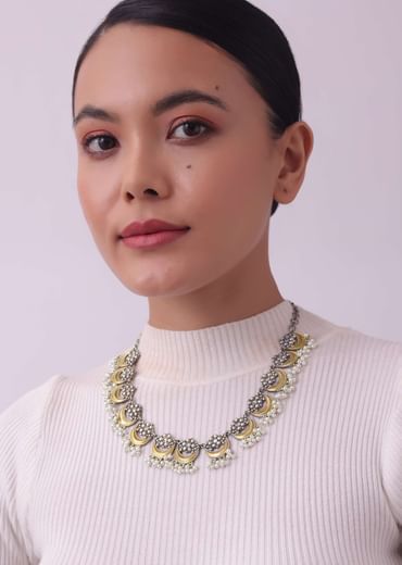 Two Tone Finish Oxidised Short Necklace And Earring Set