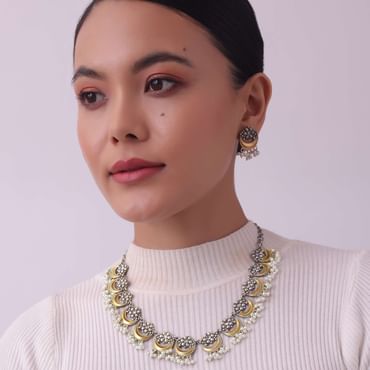 Two Tone Finish Oxidised Short Necklace And Earring Set