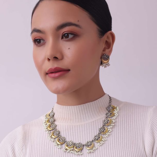 Two Tone Finish Oxidised Short Necklace And Earring Set