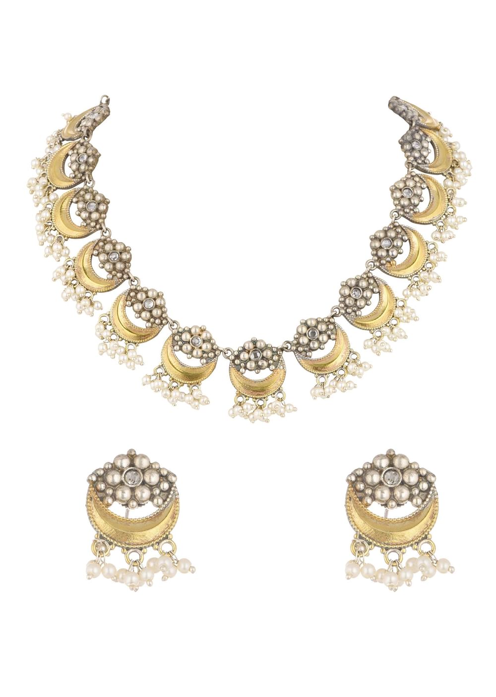 Two Tone Finish Oxidised Short Necklace And Earring Set