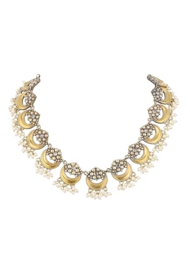 Two Tone Finish Oxidised Short Necklace And Earring Set