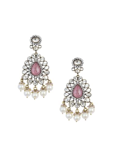 Two Tone Finish Victorian Polki Choker Set With Pearl Strings And Floral Motifs