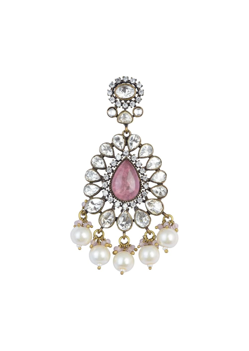 Two Tone Finish Victorian Polki Choker Set With Pearl Strings And Floral Motifs