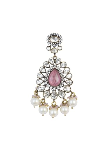 Two Tone Finish Victorian Polki Choker Set With Pearl Strings And Floral Motifs