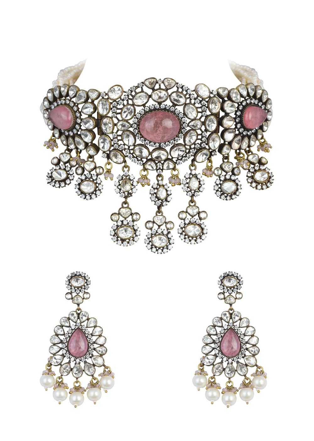 Two Tone Finish Victorian Polki Choker Set With Pearl Strings And Floral Motifs
