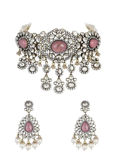 Two Tone Finish Victorian Polki Choker Set With Pearl Strings And Floral Motifs