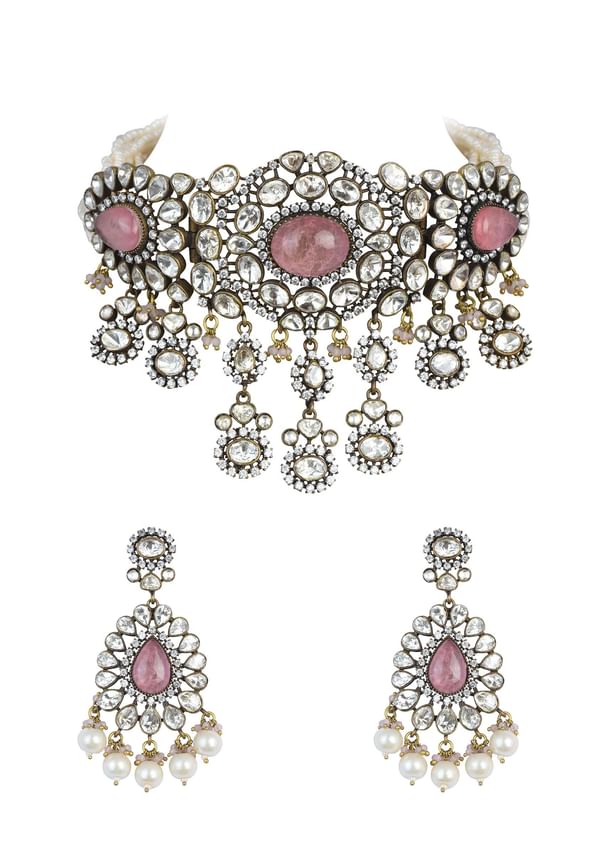 Two Tone Finish Victorian Polki Choker Set With Pearl Strings And Floral Motifs Two Tone Finish Victorian Polki Choker Set With Pearl Strings And Floral Motifs