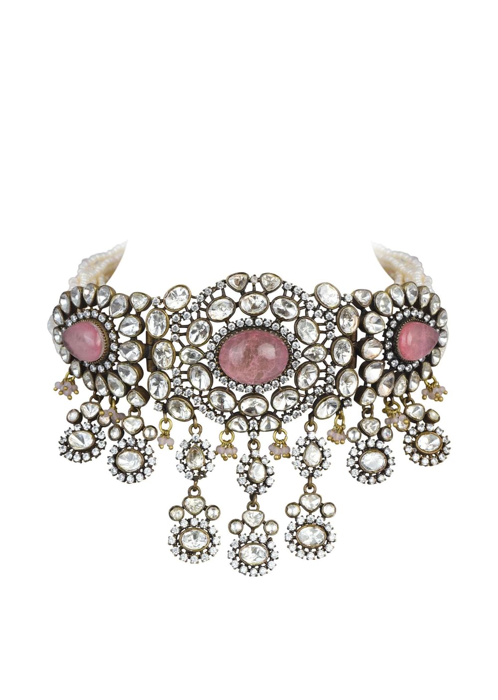 Two Tone Finish Victorian Polki Choker Set With Pearl Strings And Floral Motifs
