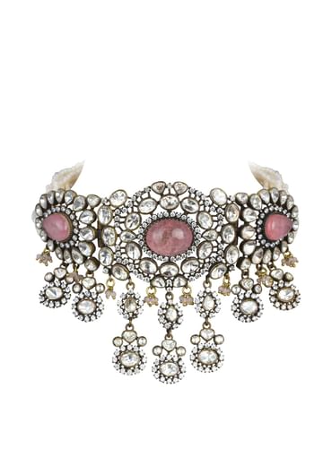 Two Tone Finish Victorian Polki Choker Set With Pearl Strings And Floral Motifs