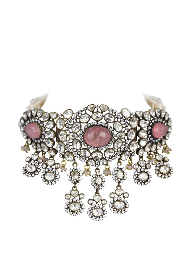 Two Tone Finish Victorian Polki Choker Set With Pearl Strings And Floral Motifs Two Tone Finish Victorian Polki Choker Set With Pearl Strings And Floral Motifs