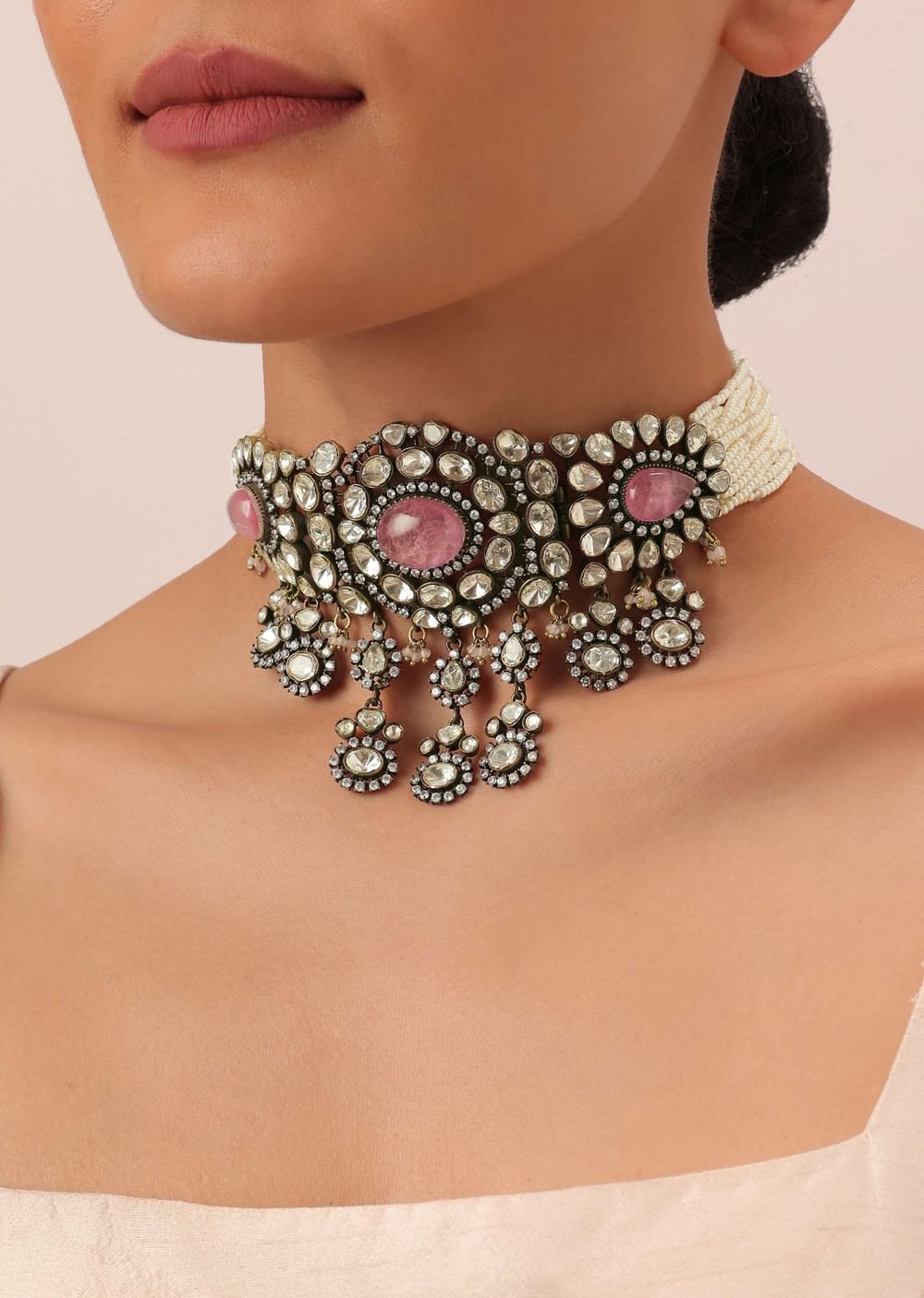 Two Tone Finish Victorian Polki Choker Set With Pearl Strings And Floral Motifs
