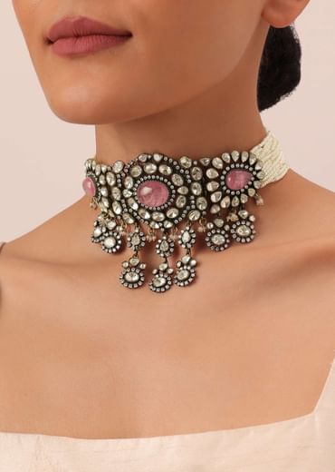 Two Tone Finish Victorian Polki Choker Set With Pearl Strings And Floral Motifs