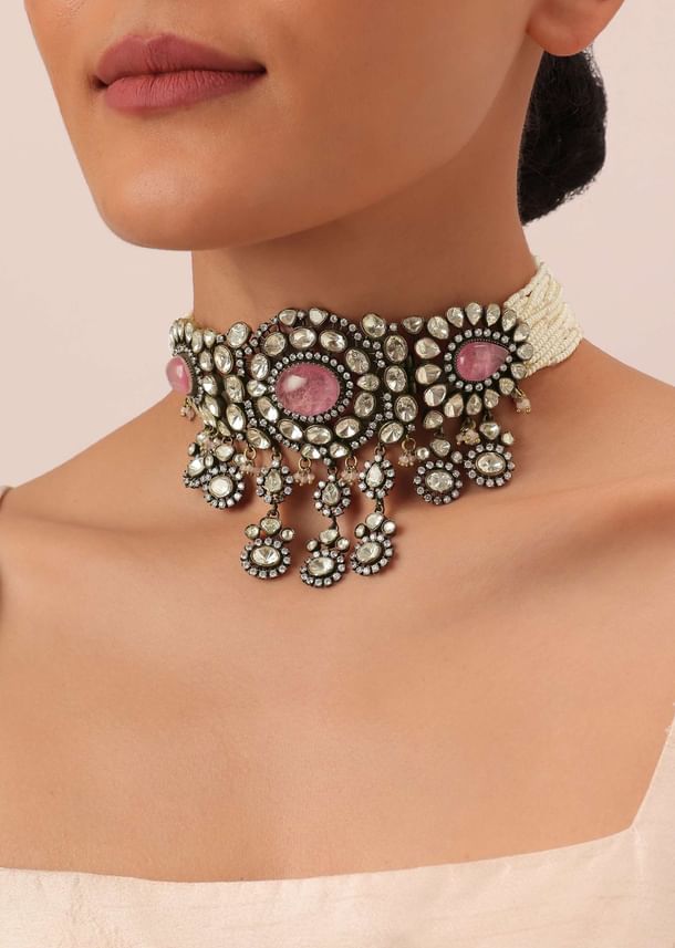 Two Tone Finish Victorian Polki Choker Set With Pearl Strings And Floral Motifs Two Tone Finish Victorian Polki Choker Set With Pearl Strings And Floral Motifs