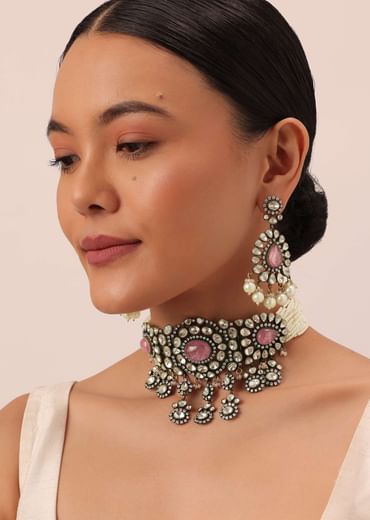 Two Tone Finish Victorian Polki Choker Set With Pearl Strings And Floral Motifs