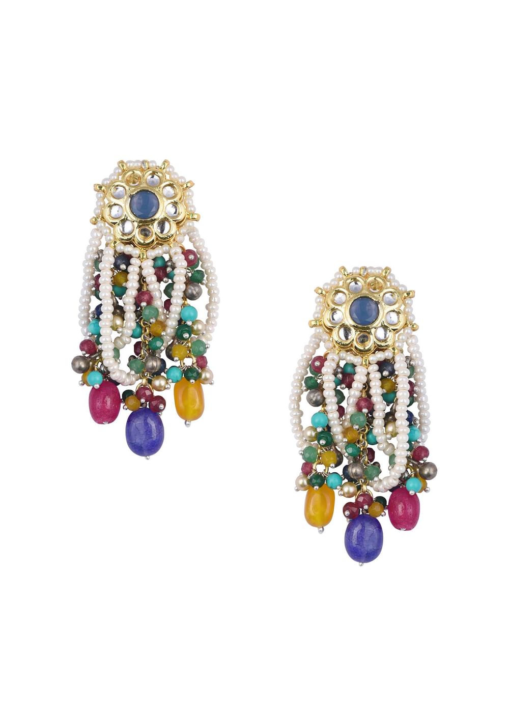 Two Tone Fusion Danglers With Multicolor Bead Drops And Meenakari