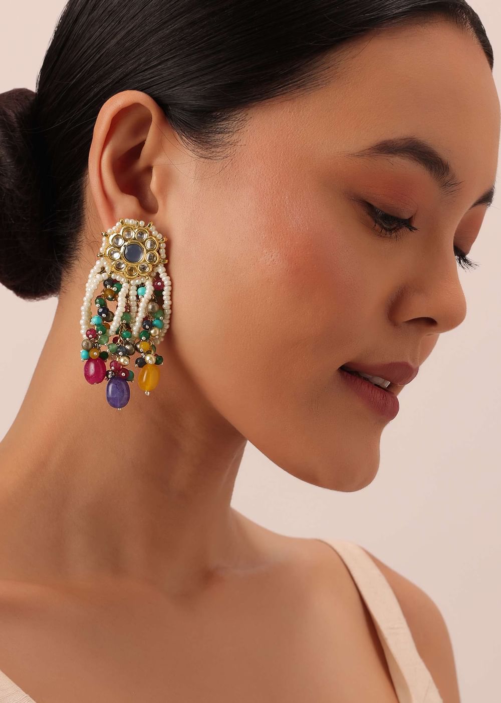 Two Tone Fusion Danglers With Multicolor Bead Drops And Meenakari