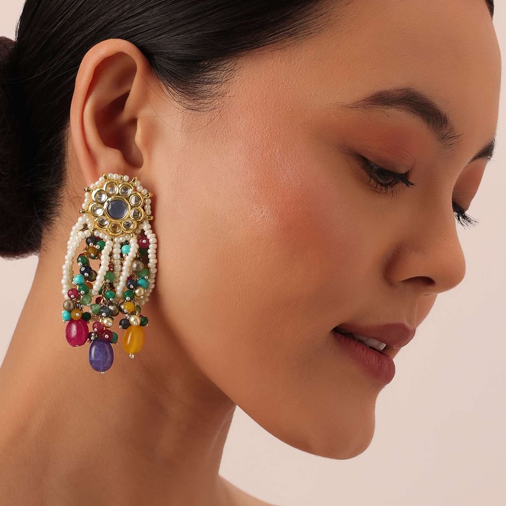 Two Tone Fusion Danglers With Multicolor Bead Drops And Meenakari