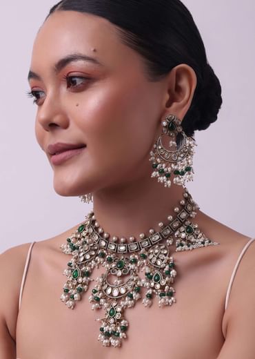 Two Tone Green Kundan Polki Necklace Set In Mix Metal