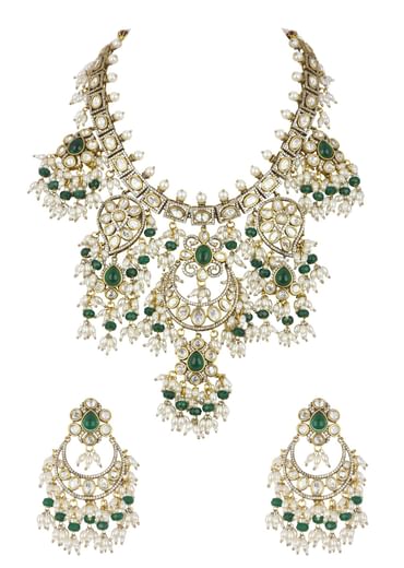 Two Tone Green Kundan Polki Necklace Set In Mix Metal