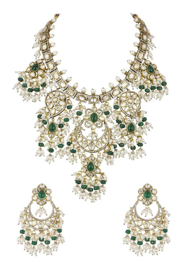Two Tone Green Kundan Polki Necklace Set In Mix Metal Two Tone Green Kundan Polki Necklace Set In Mix Metal