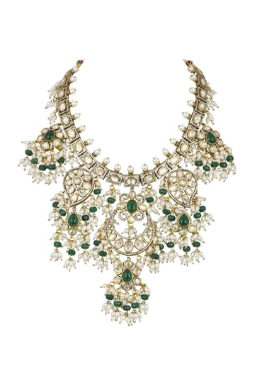 Two Tone Green Kundan Polki Necklace Set In Mix Metal