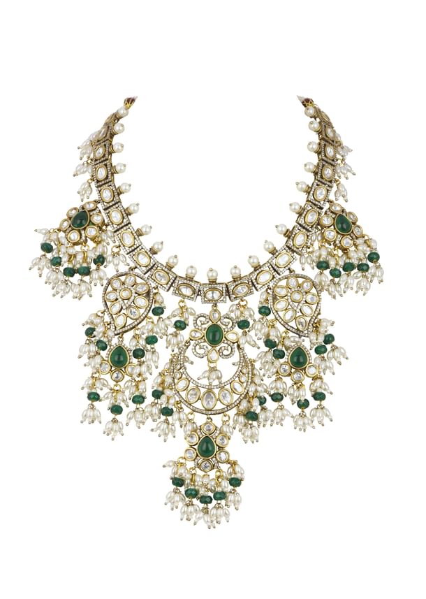 Two Tone Green Kundan Polki Necklace Set In Mix Metal Two Tone Green Kundan Polki Necklace Set In Mix Metal