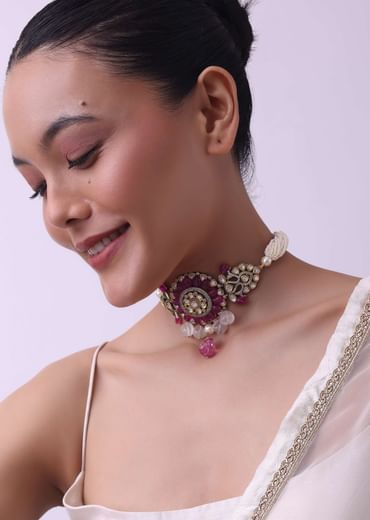 Two Tone Kundan Choker And Earring Set With Red And Pink Stones