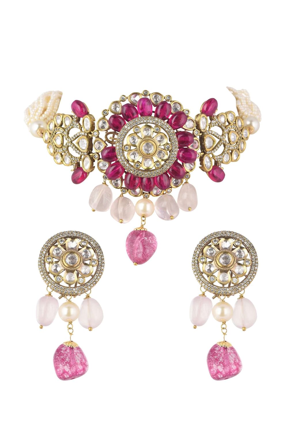 Two Tone Kundan Choker And Earring Set With Red And Pink Stones