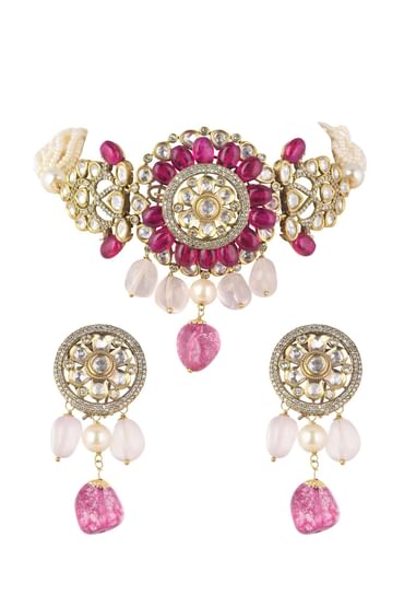 Two Tone Kundan Choker And Earring Set With Red And Pink Stones