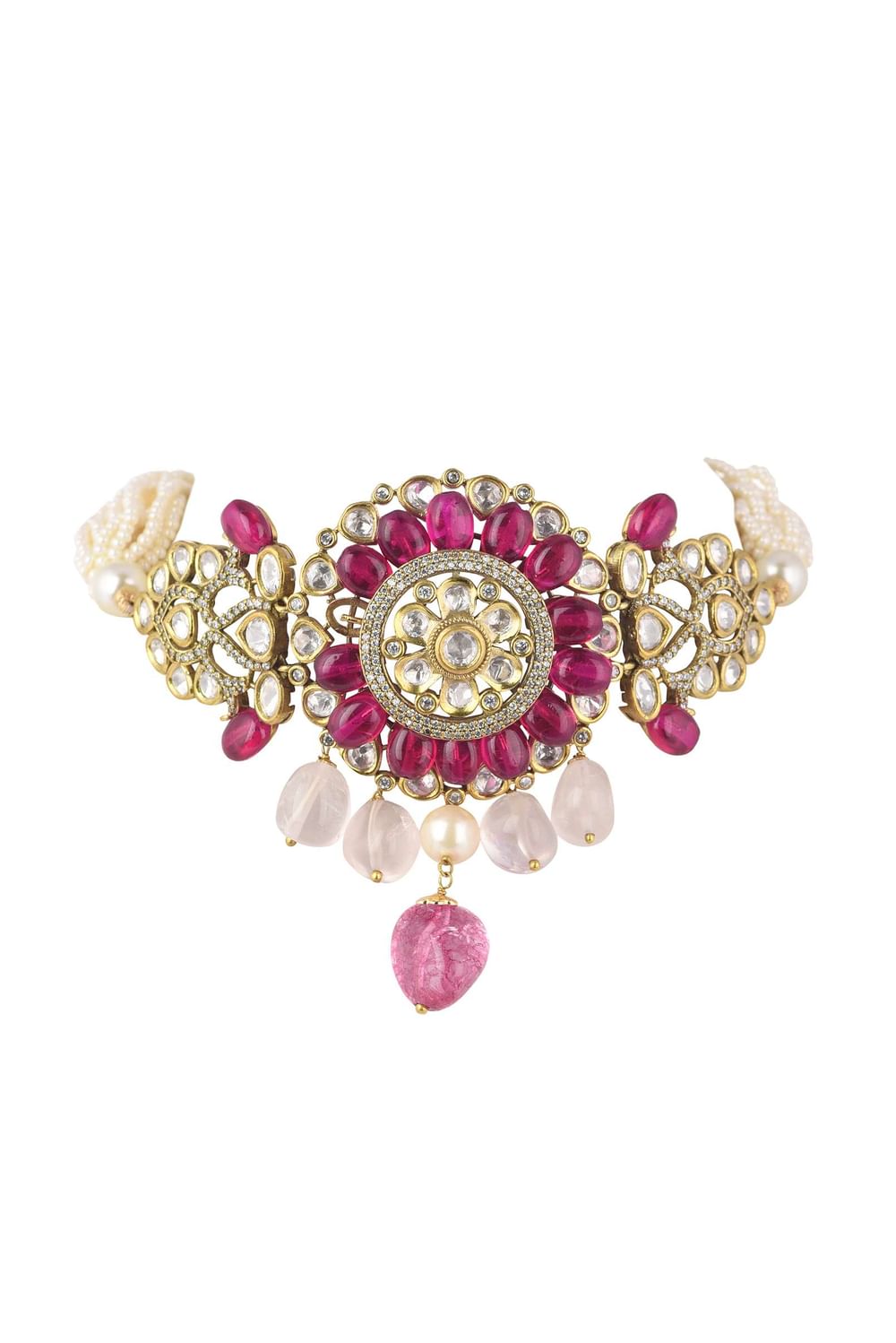 Two Tone Kundan Choker And Earring Set With Red And Pink Stones