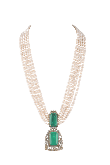 Two Tone Long Necklace And Earring Set With Synthetic Emerald Stones