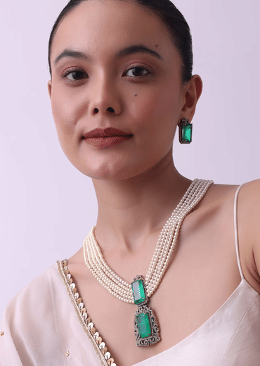 Two Tone Long Necklace And Earring Set With Synthetic Emerald Stones