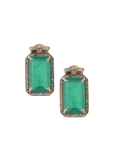 Two Tone Long Necklace And Earring Set With Synthetic Emerald Stones