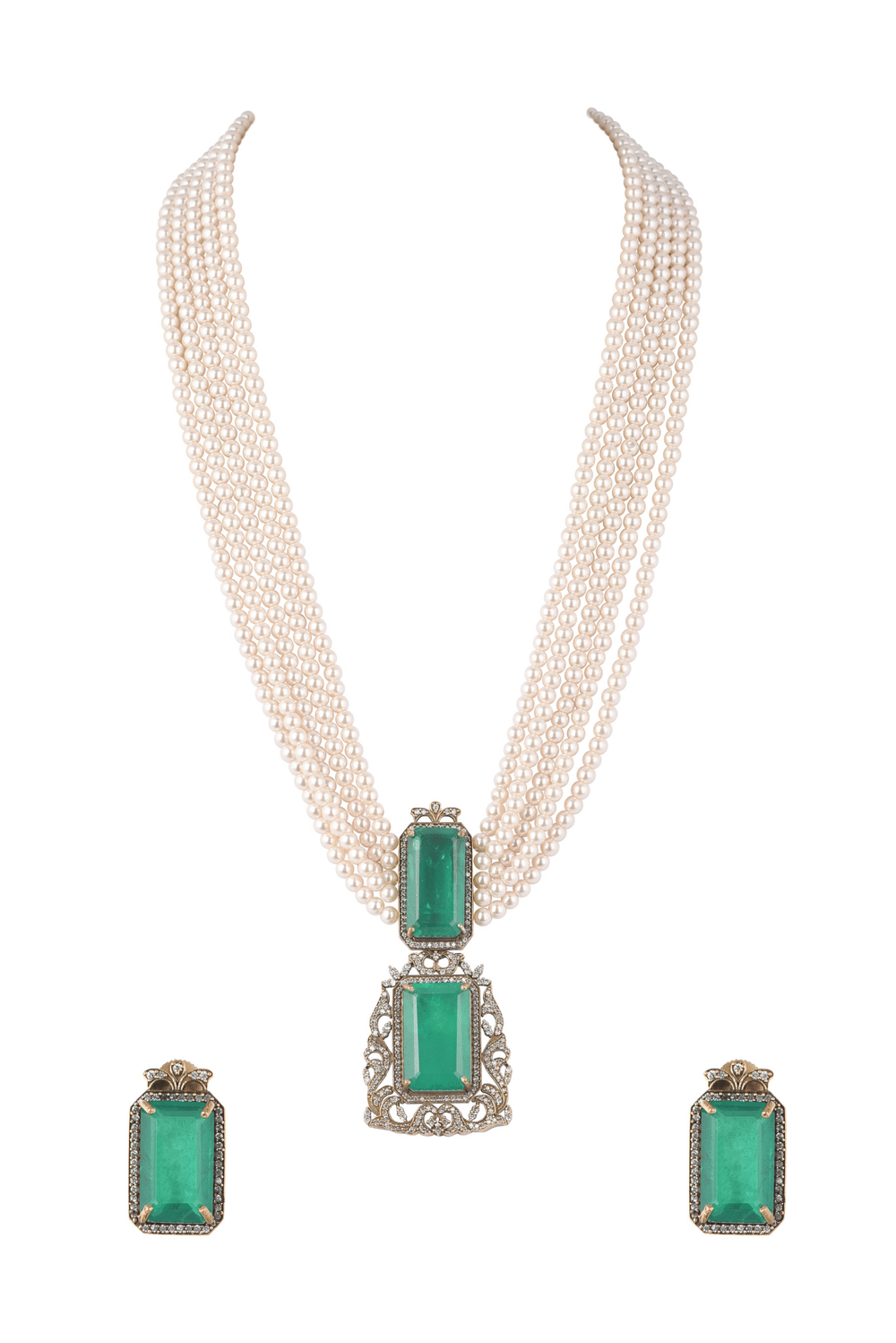 Two Tone Long Necklace And Earring Set With Synthetic Emerald Stones
