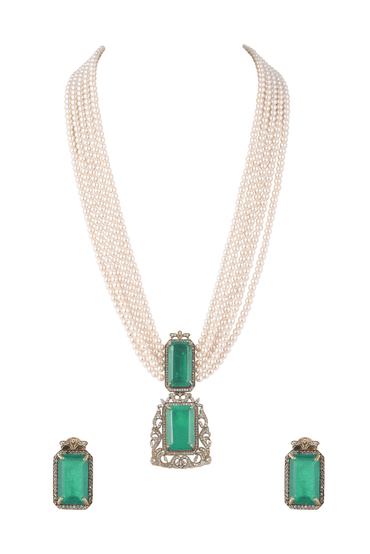 Two Tone Long Necklace And Earring Set With Synthetic Emerald Stones