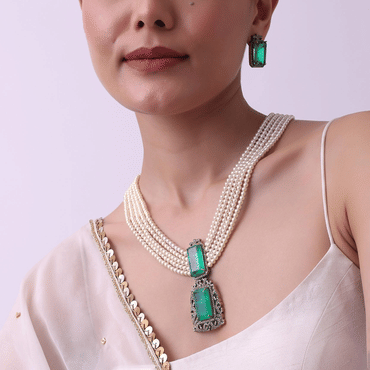 Two Tone Long Necklace And Earring Set With Synthetic Emerald Stones