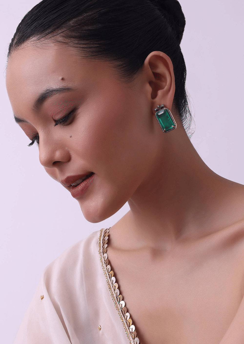 Two Tone Long Necklace And Earring Set With Synthetic Emerald Stones