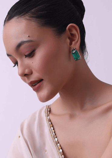 Two Tone Long Necklace And Earring Set With Synthetic Emerald Stones