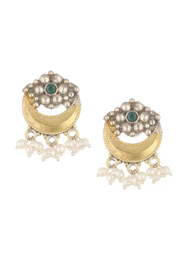 Two Tone Oxidised Necklace And Earrings Set With Pearls