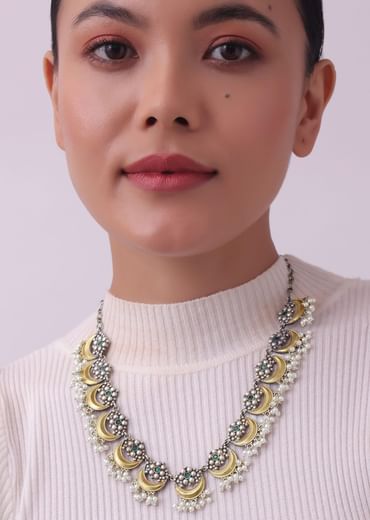 Two Tone Oxidised Necklace And Earrings Set With Pearls